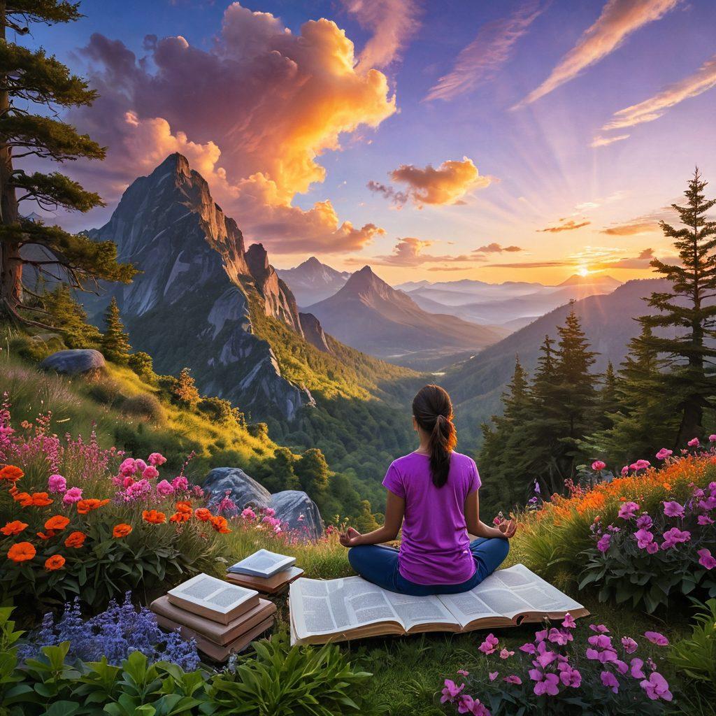 A serene landscape featuring a person meditating on a mountaintop at sunrise, surrounded by lush greenery and colorful flowers. The sky is painted with vibrant hues of orange, pink, and purple, symbolizing hope and growth. In the foreground, books and a journal lay open, implying self-reflection and learning. Soft rays of light illuminate the scene, conveying a sense of calm and empowerment. nature-inspired, vibrant colors, super-realistic.