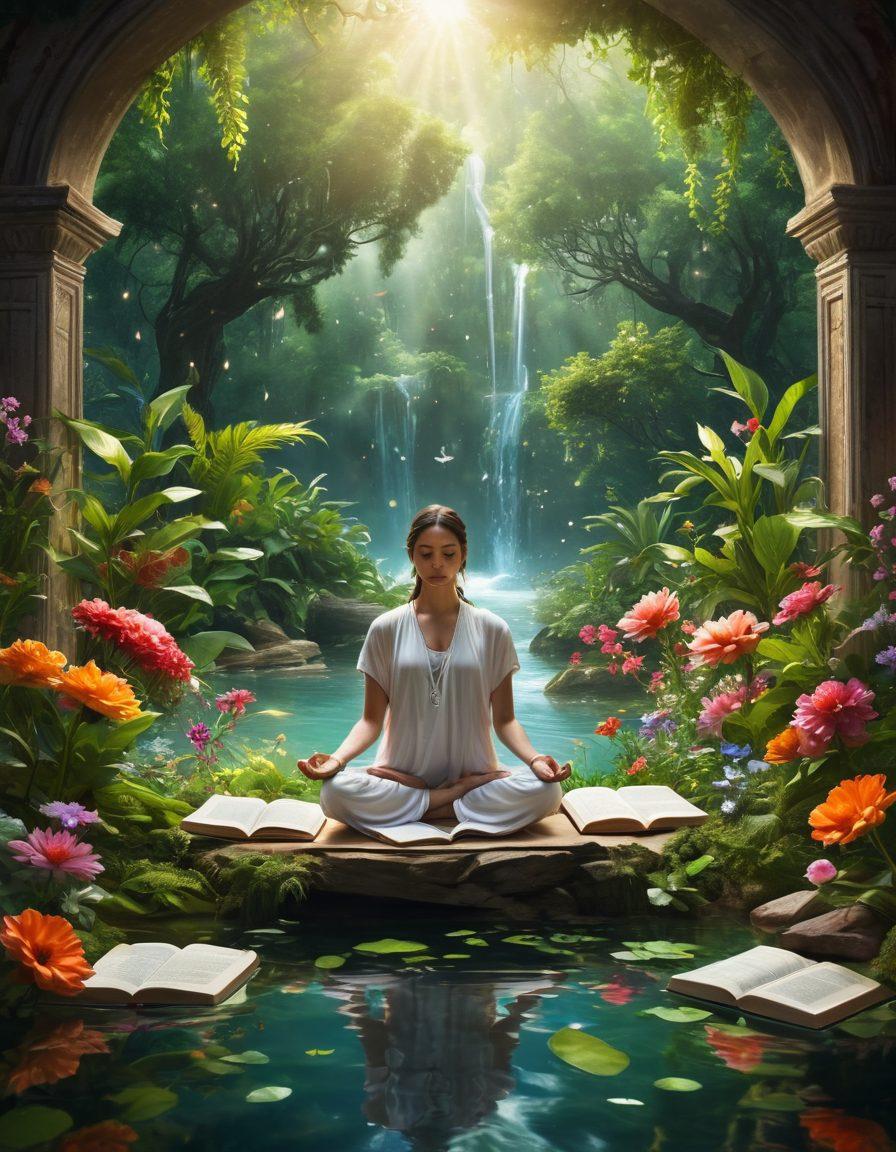 A serene scene depicting a peaceful mind space filled with soft light, a person meditating amidst lush greenery and vibrant flowers, surrounded by symbols of clarity like open books, crystals, and flowing water. The atmosphere should evoke tranquility and mindfulness, highlighting elements that enhance mental clarity. super-realistic. vibrant colors. natural setting.
