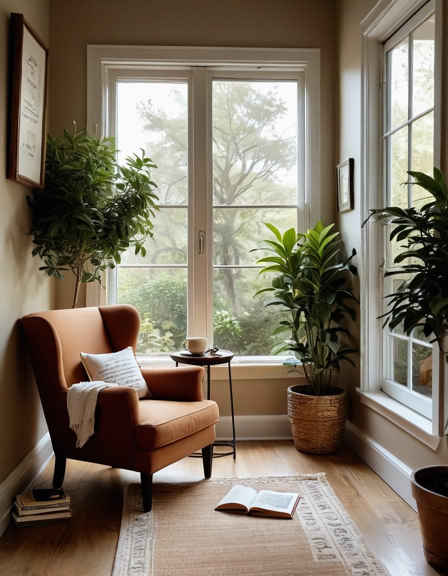 A serene interior scene featuring a cozy reading nook with a comfortable armchair, surrounded by plants and motivational quotes on the walls. A warm cup of tea rests on a small table beside a journal and a pen, symbolizing reflection and growth. Soft natural light filters through a window, casting gentle shadows. This space represents tranquility and inspiration for mental wellness. super-realistic. warm tones. inviting atmosphere.